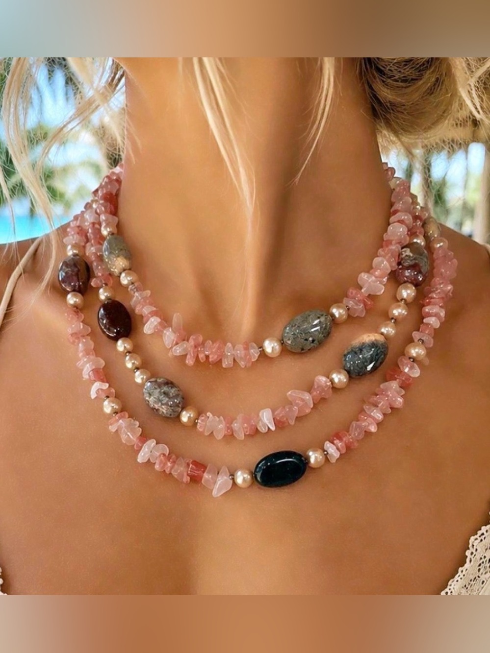 Vintage estate triple strand gemstone statement necklace…925 sterling silver